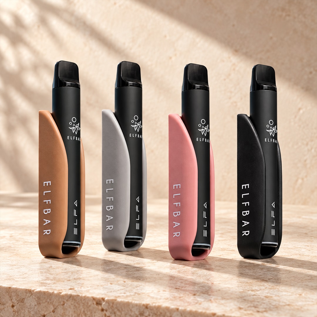 ELFBAR ELFA Pod System 20 mg in Braun, Grau, Rosa und Schwarz auf Steinoberfläche im Licht