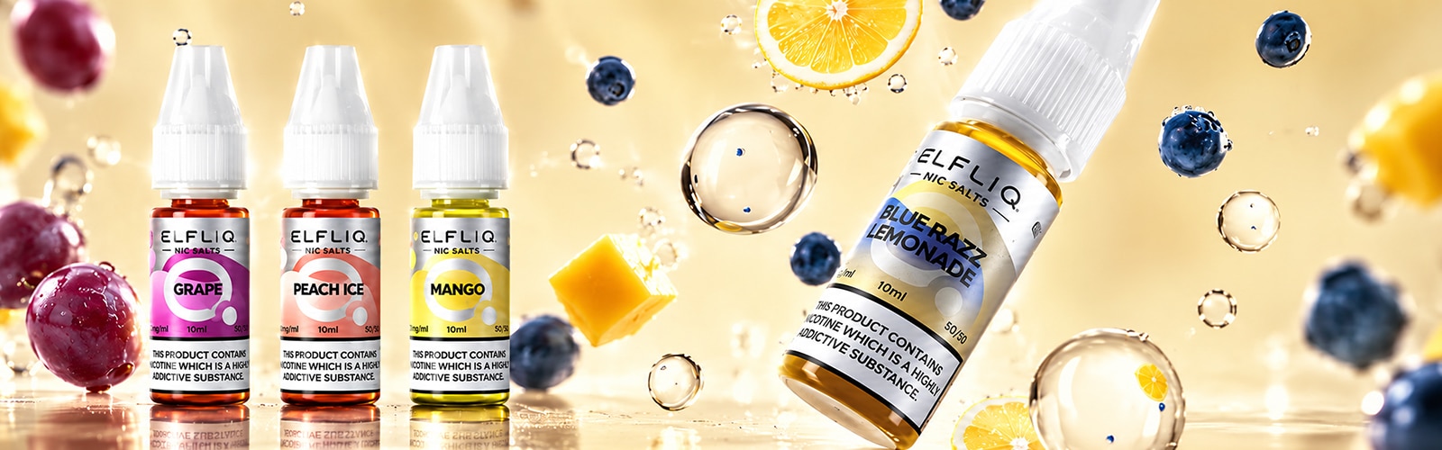 ELFLIQ Nic Salts Blue Razz Lemonade 10 mg, flacon d'e-liquide de 10 ml avec des myrtilles et des rondelles de citron en arrière-plan