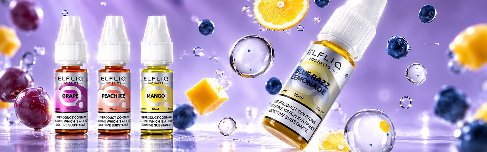 ELFLIQ Nic Salts Blue Razz Lemonade 20 mg, flacon d'e-liquide de 10 ml avec des baies et des citrons sur fond violet