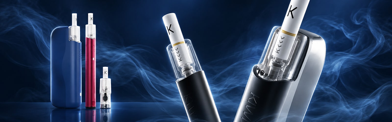 KIWI Vape Starter Kit in Blau und Silber mit Pod und K Filter, 20 mg, Produktbild mit Dampf-Hintergrund
