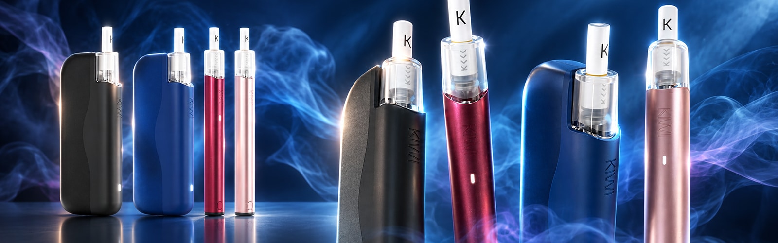 KIWI Vape Starter Kit 20 mg in mehreren Farben (Schwarz, Blau, Rot, Rosegold) mit Pods vor rauchigem Hintergrund