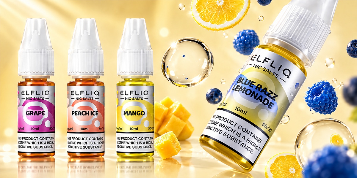 E-liquide ELFLIQ Nic Salts Blue Razz Lemonade 10 mg 10 ml, ainsi que des flacons aux arômes de raisin, de pêche glacée et de mangue