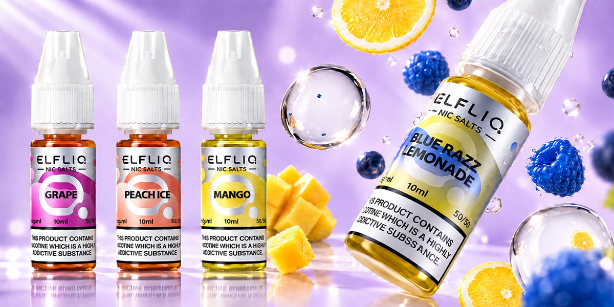 ELFLIQ Nic Salts Blue Razz Lemonade 20 mg, flacon de 10 ml au premier plan, à côté des variétés Grape, Peach Ice et Mango