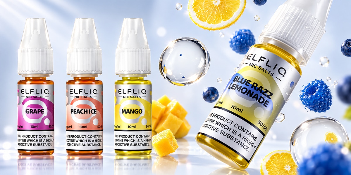 ELFLIQ Nic Salts Blue Razz Lemonade E-Liquid 10 ml mit 20 mg, Flasche vor Beeren und Zitronenscheiben im Hintergrund