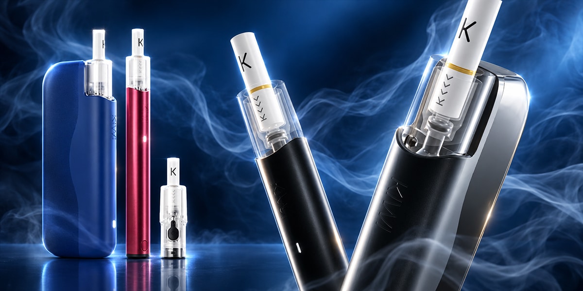 KLYNK Vape Pod Kit mit Pod und Cartridge, Farben Blau und Rot, 20 mg, Produktfoto mit Dampf-Hintergrund