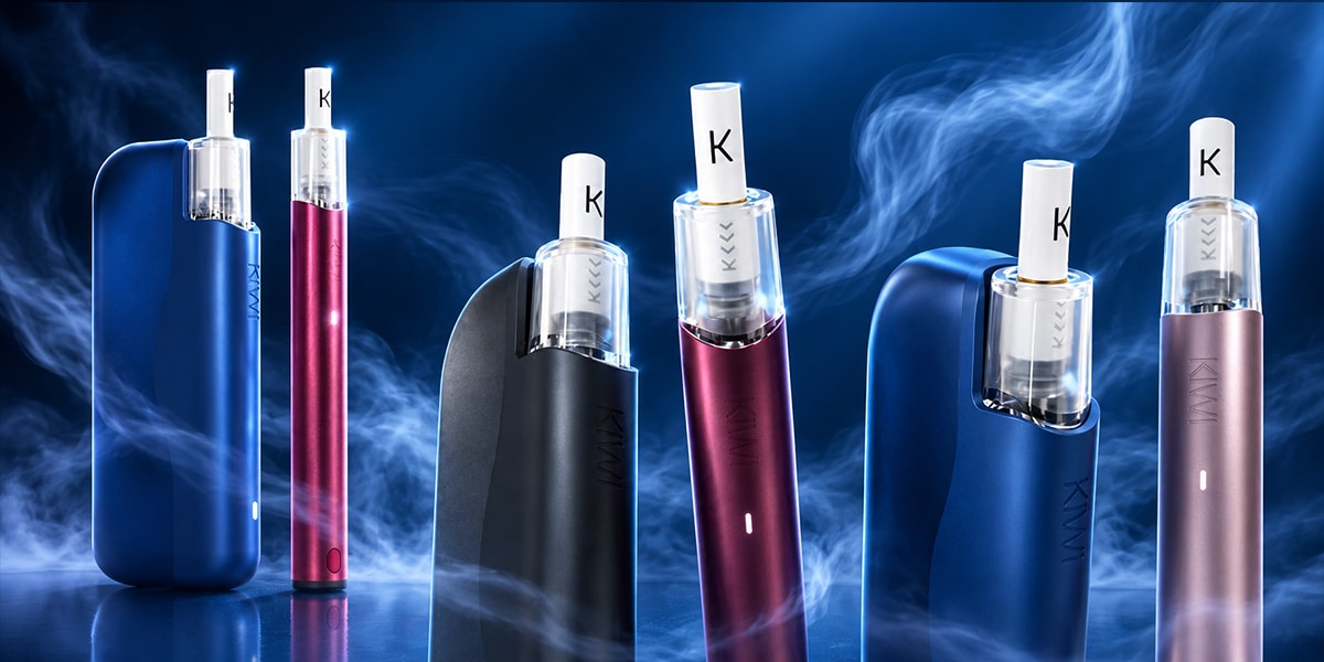 KIWI Vape E-Zigaretten in Blau, Rot, Schwarz und Rosé mit Pods und sichtbarem Dampf, 20 mg Nikotin