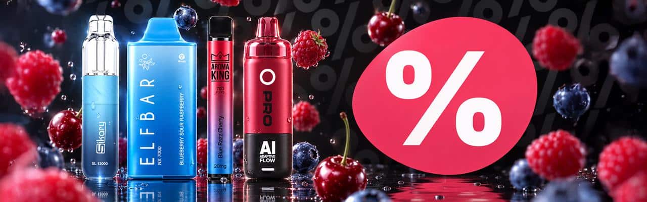 Quatre cigarettes électroniques en promotion, avec le symbole du pourcentage : Siku, Elfbar, Aroma King Blue Razz Cherry 20 mg et OPRO AI Flow, sur fond de baies.