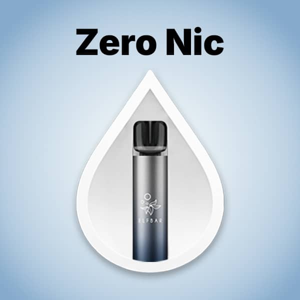 Cigarette électronique jetable ELFBAR Vape Zero Nic 0 mg, représentée par une icône en forme de goutte sur fond bleu
