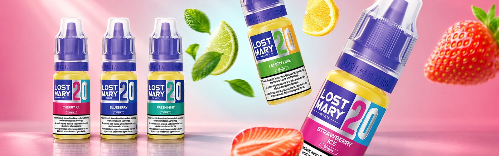 Lost Mary Sels de nicotine 20 mg : Cherry Ice, Blueberry, Fresh Mint, Lemon Lime et Strawberry Ice, avec des notes fruitées en arrière-plan.