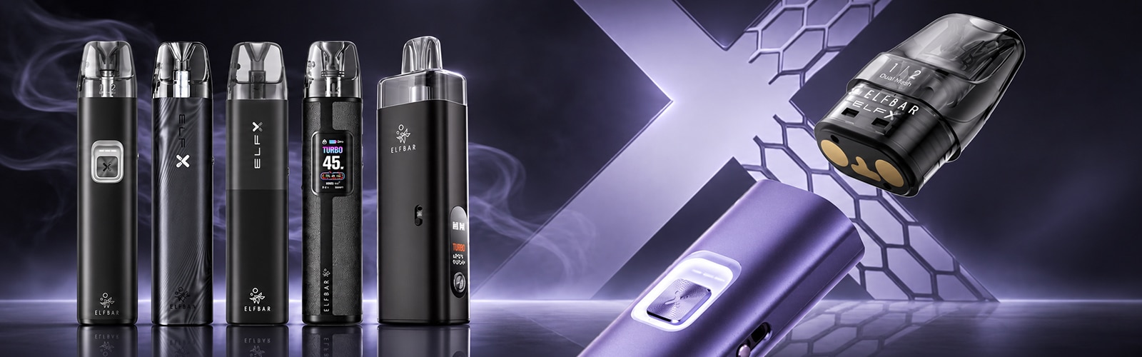 Banner dei dispositivi ELFBAR ELFX Pod Kit con diversi dispositivi ELFBAR e pod, contenuto di nicotina 20 mg