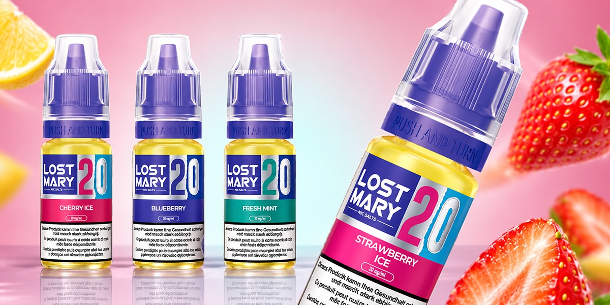 Lost Mary Flacon de 20 mg d'e-liquide « Strawberry Ice » à base de sels de nicotine, avec des fraises en arrière-plan