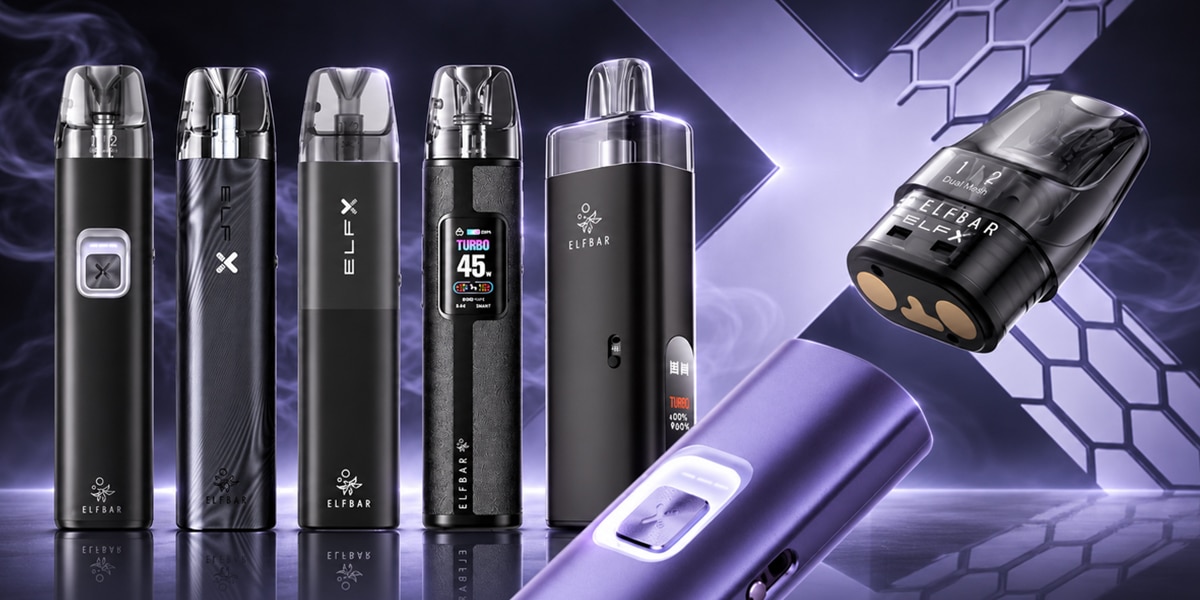 Dispositivi per lo svapo ELFBAR ELFX Pod System in nero e viola con pod ELFX nell'immagine, 20 mg di nicotina, foto del prodotto in studio